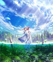Rule 34 | 2girls, black hair, blue eyes, blue sky, brown hair, cloud, cloudy sky, commentary request, day, dress, flower, holding hands, high heels, highres, interlocked fingers, long hair, looking away, mocha (cotton), multiple girls, original, outdoors, partially underwater shot, petals, profile, puffy short sleeves, puffy sleeves, sandals, scenery, short sleeves, signature, sky, standing, tree, twitter username, water, white dress, white flower, white footwear