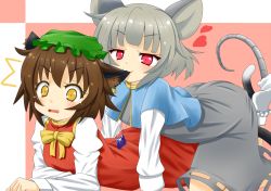 Rule 34 | 2girls, :3, ^^^, all fours, animal ears, biting, blush, bobby socks, brown hair, capelet, cat ears, cat tail, chen, ear biting, grey hair, hat, heart, highres, himenomikan, jewelry, lying, mouse ears, mouse tail, multiple girls, multiple tails, nazrin, on stomach, pendant, pink eyes, red eyes, role reversal, short hair, smile, socks, surprised, tail, tears, touhou, yellow eyes