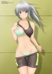 Rule 34 | 1girl, bike shorts, bra, breasts, cleavage, clothes lift, clothes pull, crop top, derivative work, green bra, green panties, grey hair, kanna albeecht, large breasts, lingerie, looking at viewer, navel, panties, parted lips, red eyes, self-upload, shadow, shiny skin, shirt lift, shorts, shorts pull, side ponytail, solo, sports bra, thigh gap, underwear, yukino memories, zel-sama