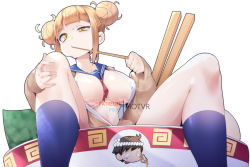 Rule 34 | 1girl, blonde hair, blue socks, blunt bangs, boku no hero academia, bowl, breasts, brown cardigan, cardigan, chopsticks, commentary, dot nose, double bun, english commentary, food, hair bun, half-closed eye, hand on own knee, holding, holding chopsticks, hot vr, kneehighs, knees up, large breasts, long sleeves, looking at viewer, messy hair, no bra, noodles, open cardigan, open clothes, open shirt, patreon username, pixiv username, ramen, sailor collar, shirt, simple background, sitting, sleeves past wrists, socks, solo, spread legs, thighs, toga himiko, watermark, white shirt, yellow eyes