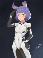 1girl absurdres animal_ear_fluff arm_up artist_name blue_background blush bob_cut breasts closed_mouth covered_navel cowboy_shot female_focus green_eyes hand_on_own_hip happy highres logo looking_to_the_side original personification purple_hair rabbit_ears rabbit_girl salute short_hair sidelocks signature simple_background small_breasts smile solo spindle_(aidenr0) split_mouth standing tesla_(company) two-tone_bodysuit v-shaped_eyebrows