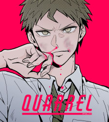 Rule 34 | 1boy, artist name, blood, blood on face, blood on hands, brown eyes, brown hair, collared shirt, commentary request, danganronpa (series), danganronpa 2: goodbye despair, green necktie, halftone, hand on own face, hand up, highres, looking at viewer, male focus, necktie, portrait, red background, shirt, short hair, simple background, solo, tege (tege xxx), wiping face