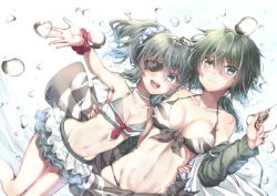 Rule 34 | 2girls, :d, aged down, ahoge, animal print, bad id, bad pixiv id, bikini, bikini skirt, blush, breasts, choker, cleavage, eyepatch, unworn eyepatch, green bikini, green eyes, green hair, groin, hair between eyes, heterochromia, holding eyepatch, jacket, kantai collection, kiso (kancolle), long hair, multiple girls, navel, off shoulder, open clothes, open jacket, open mouth, ponytail, remodel (kantai collection), scar, scar across eye, scar on face, scrunchie, sidelocks, small breasts, smile, stomach, swimsuit, tiger print, time paradox, water drop, white choker, wrist scrunchie, yellow eyes, yuihira asu