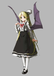 Rule 34 | 1girl, absurdres, bat wings, black footwear, black skirt, blonde hair, blush, bow, bowtie, closed mouth, full body, grey background, hair ribbon, hand on own chest, hand up, high-waist skirt, highres, kurumi (touhou), long hair, long skirt, long sleeves, looking at viewer, mary janes, outstretched hand, pointy ears, red bow, red bowtie, ribbon, sancking (fatekl), shirt, shoes, sidelocks, simple background, skirt, smile, solo, suspender skirt, suspenders, touhou, touhou (pc-98), very long hair, white legwear, white ribbon, white shirt, wings, yellow eyes