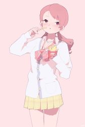 Rule 34 | 1girl, bad id, bad twitter id, blonde hair, brown eyes, buttons, collared shirt, commentary request, fingernails, food, french fries, hageshii nakano, holding, holding food, jewelry, long sleeves, looking at viewer, low twintails, necklace, pink background, pink neckwear, pleated skirt, shirt, simple background, skirt, solo, standing, twintails, white shirt, yellow skirt