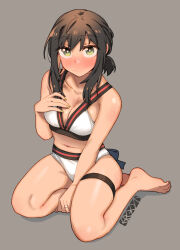 Rule 34 | 1girl, :/, artist name, barefoot, bikini, blush, breasts, brown hair, cleavage, commentary request, duplicate, ergot, feet, fubuki (kancolle), green eyes, grey background, hand on own chest, highres, jewelry, kantai collection, legs, looking at viewer, medium breasts, medium hair, nail polish, navel, pixel-perfect duplicate, ring, sidelocks, sitting, solo, swimsuit, thigh strap, thighs, toenails, toes, wariza, wedding ring, white bikini