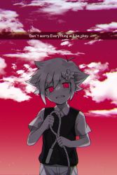 Rule 34 | 1boy, angry, basil (faraway) (omori), basil (omori), cloud, cloudy sky, collared shirt, crying, crying with eyes open, flower, hair flower, hair ornament, head tilt, highres, jump rope, looking at viewer, monochrome, omori, outdoors, red sky, shirt, short sleeves, shorts, sky, spoilers, standing, tears, vest, white shirt, xox xxxxxx