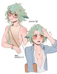 Rule 34 | 1girl, aleikats, alternate costume, animal ears, blue jacket, bracelet, breasts, cleavage, dress, genshin impact, glasses, green hair, hair ornament, hairclip, highres, jacket, jewelry, long hair, looking at viewer, medium breasts, multiple views, necklace, open clothes, open jacket, papers, semi-rimless eyewear, short hair, simple background, sleeveless, sleeveless dress, smile, sucrose (genshin impact), white background, yellow eyes