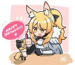 Rule 34 | 2girls, animal ears, arknights, armor, aunt and niece, black bow, black gloves, black headwear, black pantyhose, blemishine (arknights), blonde hair, border, bow, cake, cape, chibi, closed eyes, dog-san, fang, food, fur-trimmed armor, fur trim, garrison cap, gloves, hair bow, happy birthday, hat, horse ears, horse girl, horse tail, long sleeves, mini person, minigirl, multiple girls, open mouth, outline, pantyhose, pink background, ponytail, simple background, tail, thick eyebrows, u u, whislash (arknights), white border, white cape, white outline, yellow eyes