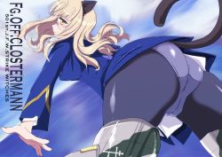Rule 34 | 1girl, animal ears, ass, bangbang1911, black pantyhose, blue jacket, blush, brown eyes, cameltoe, cat ears, cat girl, cat tail, character name, cleft of venus, closed mouth, commentary request, day, flying, from behind, glasses, highres, horizon, jacket, long hair, long sleeves, looking at viewer, looking back, no pants, ocean, outdoors, outstretched arm, panties, panties under pantyhose, pantyhose, perrine h. clostermann, rimless eyewear, signature, sky, smile, solo, strike witches, tail, underwear, very long hair, world witches series
