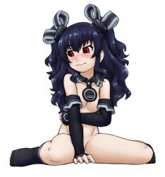 Rule 34 | 1girl, alloyrabbit, black gloves, black hair, black socks, breasts, covering privates, covering breasts, covering crotch, elbow gloves, embarrassed, gloves, long hair, looking at viewer, neptune (series), no shoes, nude, red eyes, sitting, small breasts, socks, solo, twintails, uni (neptunia)