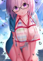 Rule 34 | 1girl, :o, akusema, bad id, bad pixiv id, bare legs, bikini, black-framed eyewear, blue jacket, blue sky, blurry, blush, breasts, cleavage, cloud, collarbone, commentary request, cowboy shot, day, depth of field, drawstring, fate/grand order, fate (series), front-tie bikini top, front-tie top, glasses, hair between eyes, hands on own knees, head tilt, highres, jacket, large breasts, leaning forward, lens flare, looking at viewer, mash kyrielight, mash kyrielight (swimsuit of perpetual summer ver.02), midriff, multicolored bikini, multicolored clothes, navel, official alternate costume, open clothes, open jacket, outdoors, purple eyes, purple hair, see-through, short hair, short sleeves, sidelocks, sky, solo, standing, sunlight, sweat, swimsuit, thigh gap, water drop