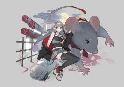 Rule 34 | 1girl, 2020, animal, bad id, bad twitter id, bare shoulders, belt, black jacket, black thighhighs, blush, braid, car, chinese zodiac, cloud, collarbone, covered navel, earrings, grey hair, highres, jacket, jewelry, long hair, motor vehicle, mouse (animal), multicolored clothes, multicolored hair, nail polish, nao (syn eaa), navel, original, parted lips, pink hair, red eyes, red jacket, red nails, short shorts, shorts, signature, sleeves past wrists, thighhighs, white footwear, year of the rat