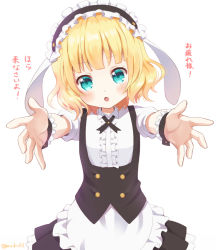 Rule 34 | 1girl, animal ears, apron, aqua eyes, artist name, blonde hair, blush, fake animal ears, gochuumon wa usagi desu ka?, kirima syaro, looking at viewer, maid apron, maid headdress, mozukun43, open mouth, puffy short sleeves, puffy sleeves, rabbit ears, short hair, short sleeves, solo, translation request, twitter username, wavy hair, wrist cuffs