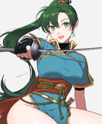 Rule 34 | 1girl, earrings, fingerless gloves, fire emblem, fire emblem: the blazing blade, gloves, green eyes, green hair, hand guard, highres, holding, holding sword, holding weapon, jewelry, long hair, looking at viewer, lyn (fire emblem), nintendo, open mouth, peach11 01, pelvic curtain, ponytail, sitting, smile, solo, sword, thighs, undershirt, very long hair, watermark, weapon
