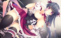 Rule 34 | 1girl, bad id, bad pixiv id, black hair, black thighhighs, blush, breasts, breasts apart, bridal garter, condom, corset, crotchless, crotchless panties, detached collar, detached sleeves, gloves, highres, lifted by self, long hair, maid headdress, nipples, original, panties, purple eyes, pussy juice, red eyes, ribbon, sex toy, skirt, solo, thighhighs, topless, underwear, vibrator, vibrator under clothes, vibrator under panties, yudesoba