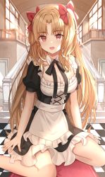 Rule 34 | 1girl, :d, absurdres, alternate costume, apron, blonde hair, blush, breasts, cleavage, dress, enmaided, ereshkigal (fate), fate/grand order, fate (series), frills, hair ribbon, highres, hwa n01, long hair, looking at viewer, maid, maid apron, maid headdress, open mouth, parted bangs, puffy sleeves, red eyes, ribbon, short sleeves, smile, solo, thighhighs, two side up, very long hair