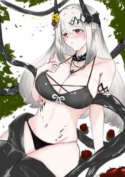Rule 34 | 1girl, absurdres, apple, arknights, bare shoulders, bikini, black bikini, black choker, blush, breasts, choker, cleavage, commentary, flower, food, fruit, groin, hair flower, hair ornament, hand on own chest, highres, horns, infection monitor (arknights), jewelry, large breasts, long hair, machan, material growth, mudrock (arknights), navel, necklace, oripathy lesion (arknights), pointy ears, red eyes, silver hair, solo, stomach, swimsuit, thighs, very long hair