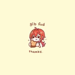 Rule 34 | 1boy, burger, cropped torso, diluc (genshin impact), food, genshin impact, hair between eyes, holding, holding food, long hair, male focus, ponytail, red hair, simple background, solo, xindi, yellow background