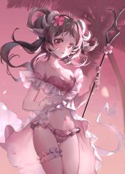 Rule 34 | 1girl, animal ears, arknights, bikini, breasts, brown hair, cowboy shot, eyjafjalla (arknights), eyjafjalla (summer flower) (arknights), flower, groin, hair flower, hair ornament, highres, holding, holding staff, horns, long hair, looking at viewer, mostlovelygg, navel, off-shoulder bikini, off shoulder, official alternate costume, palm tree, parted lips, pink background, pink bikini, pink flower, pink theme, sarong, sheep ears, sheep girl, sheep horns, small breasts, solo, staff, stomach, swimsuit, thigh strap, thighs, tree, white sarong