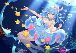 Rule 34 | 1girl, :d, air bubble, animal, bare legs, bare shoulders, blue dress, blue eyes, blue footwear, blue hair, blurry, blush, bracelet, breasts, brooch, bubble, caustics, chinese commentary, cleavage, commentary request, coral, dress, fang, fish, freediving, hair between eyes, haiyi, hand up, hat, hatoyama itsuru, high heels, jellyfish, jewelry, light rays, long hair, looking at viewer, medium breasts, motion blur, open mouth, outstretched arm, pink hat, school of fish, sidelocks, sleeveless, sleeveless dress, smile, solo, strapless, strapless dress, sunlight, twitter username, underwater, vocaloid, water