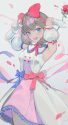 Rule 34 | 1girl, :d, absurdres, armpits, arms up, bad link, bare shoulders, blue eyes, blue ribbon, bow, breasts, commentary, cowboy shot, detached sleeves, dress, eyelashes, flower, gloves, grey hair, hair bow, hair ornament, hairband, highres, holding, holding flower, looking at viewer, love live!, love live! superstar!!, lser116, medium breasts, multicolored clothes, multicolored dress, neck ribbon, open mouth, petals, pink dress, puffy short sleeves, puffy sleeves, red bow, red flower, red hairband, red ribbon, red rose, ribbon, rose, short dress, short hair, short sleeves, simple background, smile, solo, tang keke, teeth, two-tone dress, upper teeth only, v, white background, white dress, white gloves, wind