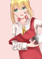 Rule 34 | 1girl, absurdres, akagikou, apron, blonde hair, bowl, brown background, collarbone, collared shirt, commentary request, fate/extra, fate (series), food, food on face, green eyes, hair between eyes, hair ribbon, highres, holding, holding bowl, looking away, looking to the side, neck ribbon, nero claudius (fate), nero claudius (fate) (all), nero claudius (fate/extra), open mouth, red apron, red ribbon, ribbon, shirt, sidelocks, simple background, solo, teeth, upper teeth only, white shirt, yellow ribbon