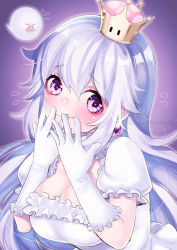 Rule 34 | 1girl, aura, blush, boo (mario), breasts, choker, cleavage, covering face, covering own mouth, dress, earrings, elbow gloves, embarrassed, flying sweatdrops, frilled choker, frilled dress, frilled gloves, frills, gloves, hair between eyes, hajimetakauma, head tilt, highres, jewelry, light purple hair, long hair, looking at viewer, luigi&#039;s mansion, mario (series), medium breasts, new super mario bros. u deluxe, nintendo, nose blush, princess king boo, puffy short sleeves, puffy sleeves, purple background, purple eyes, purple pupils, short sleeves, sidelocks, simple background, solo, sparkle, super crown, upper body, wavy mouth, white choker, white dress, white gloves