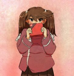 Rule 34 | 1girl, blush, box, brown eyes, brown hair, commentary request, covering own mouth, gift, gift box, highres, japanese clothes, kantai collection, kariginu, long hair, long sleeves, looking at viewer, namakura neo, ryuujou (kancolle), solo, upper body, valentine