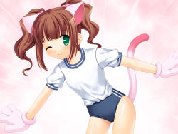 Rule 34 | 00s, 1girl, animal ears, animal hands, bad id, bad pixiv id, brown hair, buruma, cat ears, cat tail, green eyes, gym uniform, idolmaster, idolmaster (classic), idolmaster 1, one eye closed, outstretched arms, solo, spread arms, tail, takatsuki yayoi, totokichi, twintails