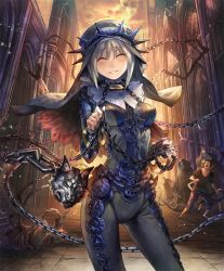 Rule 34 | 1girl, artist request, bodysuit, bound, chain, church, cygames, closed eyes, faceless, faceless male, grey hair, grin, habit, impossible clothes, multiple boys, official art, scared, shadowverse, shingeki no bahamut, sister of punishment, smile