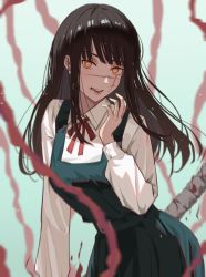 Rule 34 | 1girl, aqua dress, blood, blurry, blurry background, blurry foreground, brown hair, chainsaw man, collared shirt, dress, facial scar, gcef3535, grey background, highres, long hair, long sleeves, looking at viewer, neck ribbon, open mouth, pinafore dress, red ribbon, ribbon, scar, scar on cheek, scar on face, school uniform, shirt, sleeveless, sleeveless dress, solo, straight hair, white shirt, wing collar, yellow eyes, yoru (chainsaw man)
