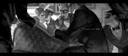 Rule 34 | 1girl, 6+boys, bare shoulders, blonde hair, bow, bowtie, cigarette, couch, domino mask, emmmerald, english text, facing another, finger on trigger, formal, fullmetal alchemist, greyscale, gun, hair bun, hair slicked back, hand up, handgun, highres, holding, holding lighter, indoors, letterboxed, lighter, lighting cigarette, lipstick, long sleeves, makeup, mask, monochrome, mouth hold, multiple boys, no eyes, on one knee, out of frame, picture frame, riza hawkeye, sideways glance, single hair bun, sitting, smile, suit, surrounded, swept bangs, traditional bowtie, updo, weapon, wing collar, wingtip collar