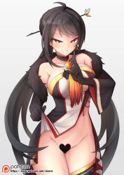 Rule 34 | 1girl, ahoge, ara haan, ara han, bad id, bad pixiv id, black hair, blush, bottomless, breasts, censored, choker, clothes lift, collarbone, dress, dress lift, elbow gloves, elsword, fur trim, gloves, heart, heart-shaped pupils, heart censor, large breasts, long hair, looking at viewer, md5 mismatch, no panties, patreon, pussy, resolution mismatch, revision, seductive smile, smile, solo, strapless, strapless dress, symbol-shaped pupils, thighhighs, waero, white background, yama raja (elsword), yellow eyes
