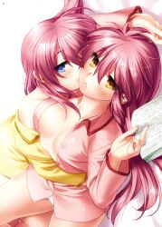 Rule 34 | 2girls, arm above head, arm around waist, blue eyes, blush, book, breasts, collarbone, dress shirt, dutch angle, eyelashes, eyes visible through hair, futaki kanata, hair between eyes, hair down, heads together, highres, hug, jitome, large breasts, little busters!, long hair, long sleeves, looking at viewer, lying, multiple girls, no bra, non-web source, off shoulder, on back, on side, open book, open clothes, open shirt, parted lips, pink shirt, purple hair, saigusa haruka, shirt, siblings, sidelocks, simple background, sisters, twins, white background, yellow eyes, yellow shirt, zen (kamuro)