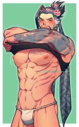 Rule 34 | 1boy, abs, angry, arm tattoo, bara, bare pectorals, black hair, black tank top, blush, bulge, chest tattoo, closed mouth, clothes lift, fundoshi, grey hair, hanzo (overwatch), highres, japanese clothes, large pectorals, looking at viewer, male focus, multicolored hair, muscular, muscular male, navel, nipples, nkraae, overwatch, overwatch 2, pectorals, ponytail, solo, tank top, tattoo, two-tone hair