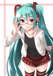 Rule 34 | 1girl, adjusting eyewear, aqua hair, bad id, bad pixiv id, blush, cowboy shot, glasses, hatsune miku, headphones, highres, jewelry, kocchi muite baby (vocaloid), long hair, looking at viewer, necklace, plaid, plaid skirt, project diva, project diva (series), project diva 2nd, red-framed eyewear, red eyes, skirt, smile, solo, striped clothes, striped thighhighs, thighhighs, twintails, very long hair, vocaloid, yamane akira, zettai ryouiki