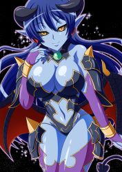 Rule 34 | 1girl, aokura shou, armor, astaroth (shinrabanshou), bare shoulders, bat wings, black background, black leotard, black sclera, blue hair, blue skin, bracelet, breasts, bridal gauntlets, cleavage, closed mouth, clothing cutout, colored sclera, colored skin, cowboy shot, demon girl, demon tail, detached collar, earrings, eyebrows, faulds, fingernails, floating hair, groin, hair between eyes, half-closed eyes, hand on own chest, hand up, heart, heart earrings, highleg, highleg leotard, highres, hip focus, horns, jewelry, large breasts, legs together, leotard, light particles, light smile, long fingernails, long hair, looking at viewer, low wings, midriff, nail polish, narrow waist, naughty face, navel, navel cutout, outline, pauldrons, pointy ears, purple legwear, red nails, red wings, seductive smile, shinrabanshou, shiny skin, shoulder armor, sideboob, simple background, slit pupils, smile, solo, sparkle, spikes, standing, straight hair, strapless, strapless leotard, tail, thighs, very long hair, wings, yellow eyes