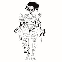 Rule 34 | 1girl, absurdres, bandages, bandages, barefoot, black eyes, black hair, breasts, covered mouth, crack, cracked skin, full body, greyscale, hands up, highres, inktober, jon-bliss, large breasts, long hair, looking at viewer, md5 mismatch, monochrome, mummy, naked bandage, navel, original, simple background, solo, standing, thick thighs, thighs, white background