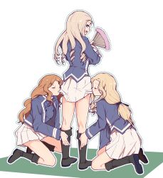 Rule 34 | 3girls, bc freedom military uniform, blonde hair, blue eyes, blush, boots, closed eyes, clothes in mouth, clothes lift, drill hair, folding fan, girls und panzer, hand fan, highres, isabe (girls und panzer), long hair, looking at viewer, looking back, marie (girls und panzer), military uniform, miniskirt, multiple girls, open mouth, orange hair, ponytail, simple background, skirt, skirt in mouth, skirt lift, smile, sofue (girls und panzer), uniform, white background, white skirt, yuri, zannen hero