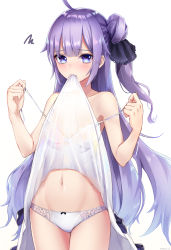 Rule 34 | 1girl, ahoge, azur lane, bad id, bad pixiv id, bare shoulders, black ribbon, blush, bra, breasts, clothes in mouth, clothes lift, dress, dress in mouth, dress lift, groin, hair bun, hair ribbon, highres, long hair, looking at viewer, mouth hold, navel, panties, purple eyes, purple hair, ribbon, ribbon-trimmed panties, see-through, side bun, simple background, single hair bun, single side bun, small breasts, solo, squiggle, stomach, tearing up, underwear, undressing, unicorn (azur lane), untied, very long hair, white background, white dress, white panties, yukihama