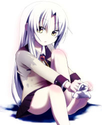 Rule 34 | 10s, 1girl, angel beats!, atahuta, bad id, bad pixiv id, barefoot, blazer, feet, highres, jacket, long hair, looking at viewer, open mouth, pleated skirt, ribbon, school uniform, silver hair, sitting, skirt, sock pull, socks, soles, solo, tenshi (angel beats!), undressing, wet, wet clothes, white background, yellow eyes