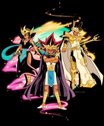 Rule 34 | 1girl, 2boys, absurdres, armlet, artist name, atem, black footwear, black hair, blonde hair, cape, character request, closed mouth, commentary, crossed arms, dark skin, dark-skinned female, dark-skinned male, earrings, egyptian, energy, highres, jewelry, knees, millennium puzzle, multicolored hair, multiple boys, phil vzq, pink eyes, shoes, spiked hair, staff, white footwear, yu-gi-oh!