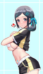 Rule 34 | 1girl, absurdres, black eyes, black hair, black shorts, blue background, blue scrunchie, breasts, closed mouth, hair ornament, hair scrunchie, hairclip, healin&#039; good precure, heart, heart hair ornament, heart tattoo, highres, large breasts, looking at viewer, mole, mole on breast, pout, precure, rumo, sawaizumi chiyu, scrunchie, shorts, solo, spoken heart, stomach tattoo, tattoo, thighs