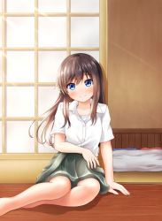 Rule 34 | 1girl, asashio (kancolle), barefoot, black hair, blue eyes, camisole, comiching, commentary request, feet out of frame, full body, futon, grey skirt, highres, kantai collection, long hair, looking at viewer, open clothes, pleated skirt, shirt, short sleeves, shouji, sitting, skirt, sliding doors, smile, solo, white shirt, wooden floor, yokozuwari