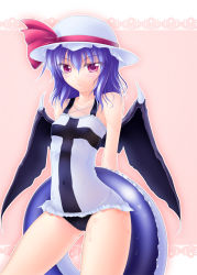 Rule 34 | 1girl, :&lt;, bad id, bad pixiv id, bat wings, blue hair, demon wings, female focus, flat chest, frown, gisyo, hat, hat ribbon, innertube, one-piece swimsuit, red eyes, remilia scarlet, ribbon, slit pupils, solo, swim ring, swimsuit, touhou, wet, wings
