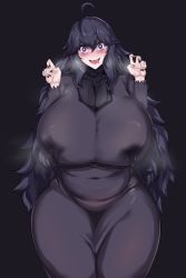 Rule 34 | 1girl, @ @, ahoge, alternate breast size, breasts, covered erect nipples, creatures (company), dress, feet out of frame, frilled sleeves, frills, game freak, hair between eyes, hairband, hex maniac (pokemon), highres, huge breasts, lactation, lactation through clothes, long dress, long hair, long sleeves, looking at viewer, messy hair, naughty face, nintendo, open mouth, owner1657, pokemon, pokemon xy, purple dress, purple eyes, purple hair, purple hairband, purple shirt, ribbed shirt, shirt, sidelocks, simple background, smile, solo, spider web print, standing, sweat, thick thighs, thighs, turtleneck, underwear, very long hair, wavy mouth, wide hips