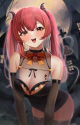 Rule 34 | 1girl, absurdres, bare shoulders, bow, bowtie, halloween, highres, hololive, horo 27, houshou marine, open mouth, outdoors, red eyes, red hair, smile, solo, tongue, twintails, virtual youtuber, yellow eyes