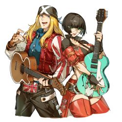 Rule 34 | 1boy, 1girl, acoustic guitar, arc system works, axl low, back-to-back, bandana, belt buckle, between breasts, black choker, black gloves, black hair, black pants, blonde hair, blue eyes, blunt bangs, bob cut, boots, breasts, brown gloves, buckle, choker, cleavage, cropped legs, electric guitar, fingerless gloves, glasses, gloves, green eyes, guilty gear, guilty gear strive, guitar, highres, holding, holding instrument, i-no, instrument, jacket, large breasts, letterman jacket, long hair, looking at viewer, midriff, mole, mole above mouth, music, no headwear, pants, pink lips, plaid, plaid jacket, playing instrument, popped collar, red footwear, red jacket, rimless eyewear, short shorts, shorts, showgirl skirt, strap between breasts, thigh boots, thighhighs, uncle rabbit ii, union jack, white background