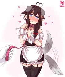 Rule 34 | 1girl, afterimage, ahoge, alternate costume, animal collar, animal ears, apron, artist logo, bdsm, black hair, black skirt, black thighhighs, blouse, blue eyes, braid, collar, commentary request, cowboy shot, dated, detached sleeves, dog ears, dog tail, enmaided, frilled apron, frilled shirt, frilled skirt, frills, garter straps, hair flaps, hair ornament, hair over shoulder, heart, heart-shaped pupils, heart ahoge, highres, kanon (kurogane knights), kantai collection, leash, looking at viewer, maid, pet play, shigure (kancolle), shigure kai ni (kancolle), shirt, simple background, single braid, skirt, slave, solo, symbol-shaped pupils, tail, tail wagging, thighhighs, waist apron, white apron, white background, white shirt